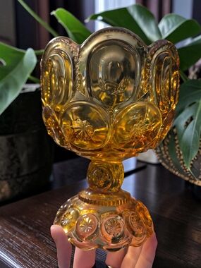 Le Smith Moon And Stars Small Amber Glass Footed Compote Bowl